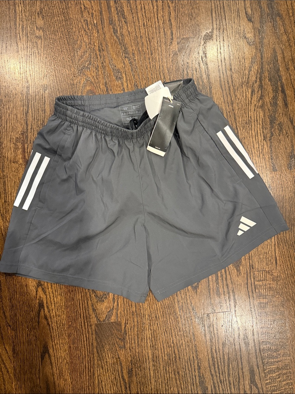 adidas men’s small running Gray Athletic Shorts with White Stripes